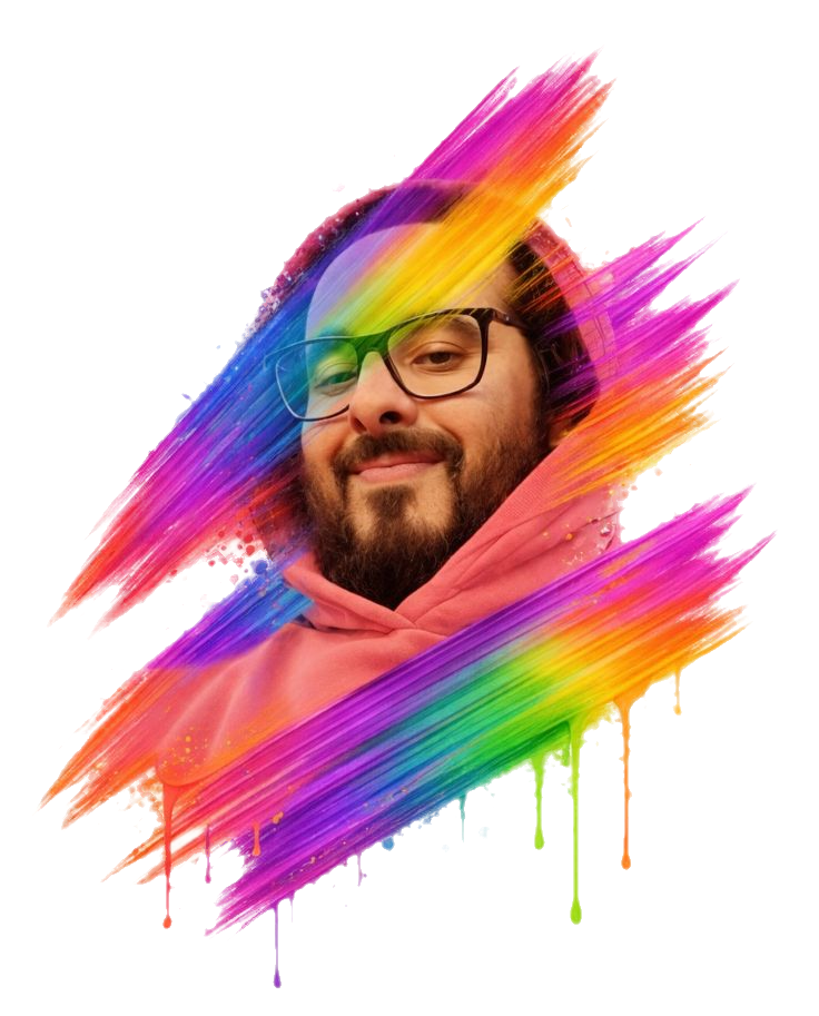 colourful explosion around smiling man
